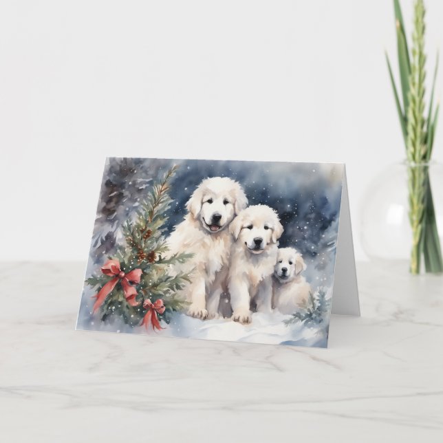 Tarjeta Acuarela Gran Pirineo Cachorros 1 Navidad Escena (Anverso)