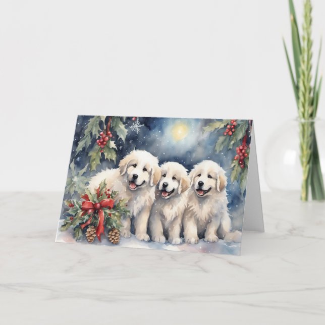 Tarjeta Acuarela Gran Pirineo Cachorros 2 Navidad Escena (Anverso)