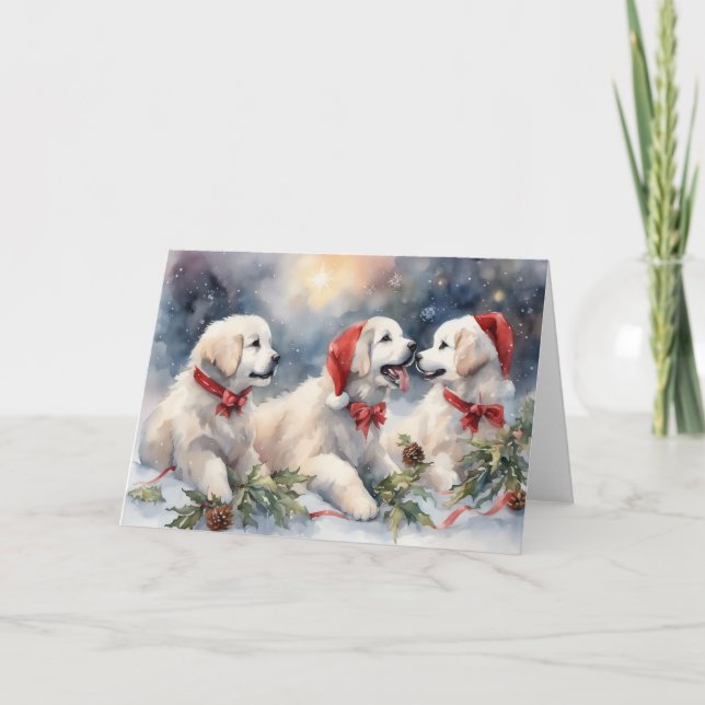Tarjeta Acuarela Gran Pirineo Cachorros 3 Navidad Escena (Anverso)