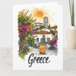 Tarjeta Acuarela Grecia: Escena de pueblo con flores