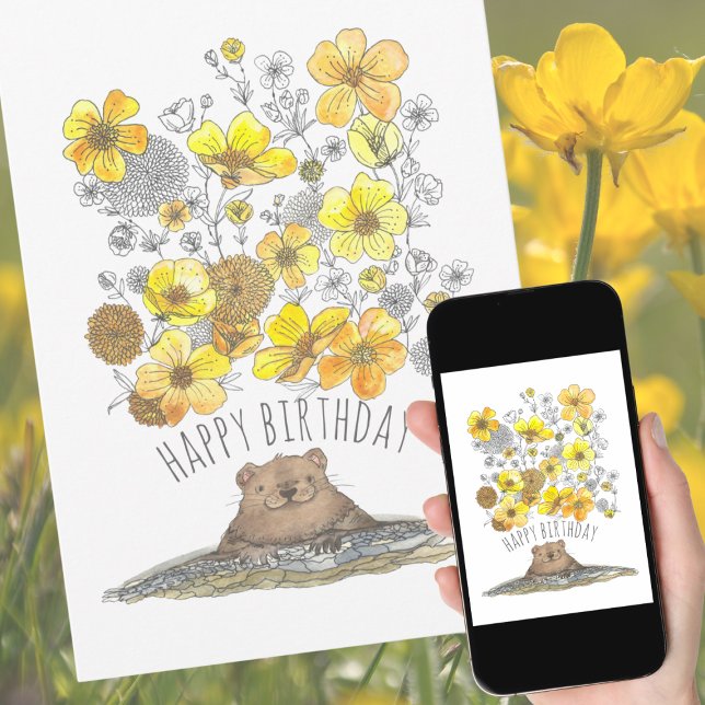 Tarjeta Acuarela Groundhog y Buttercups Feliz cumpleaños (Subido por el creador)