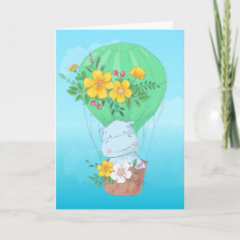Tarjeta Acuarela Hippo en globo aerostático cumpleaños