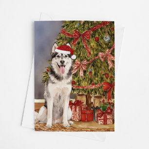 Tarjeta Acuarela Husky bajo el árbol de Navidad