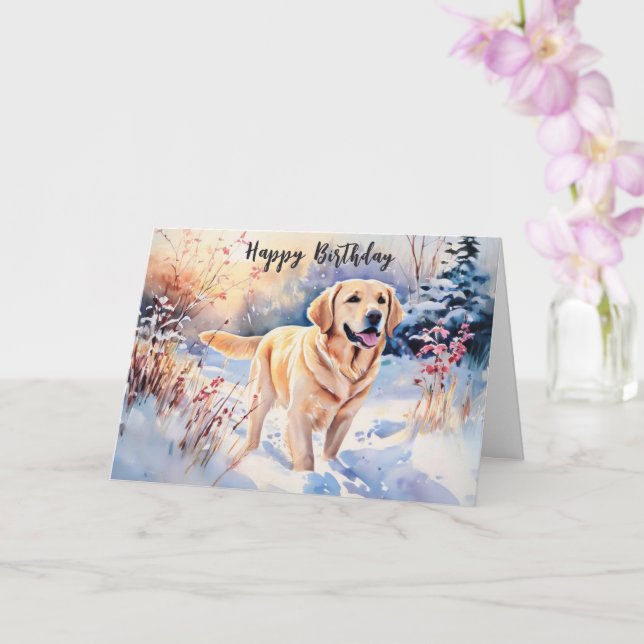 Tarjeta Acuarela Labrador Perro en Nieve Feliz Cumpleaños (Orquídea)