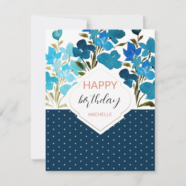Tarjeta Acuarela moderna boho azul floral pintada a mano (Anverso)