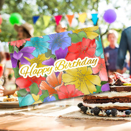 Tarjeta Acuarela Moderna Floral Oro Feliz Cumpleaños