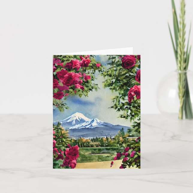 Tarjeta Acuarela Mt Hoot y rosas personalizable (Anverso)
