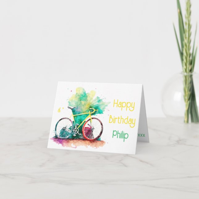 Tarjeta Acuarela MTB, carta de cumpleaños para ciclistas d (Anverso)