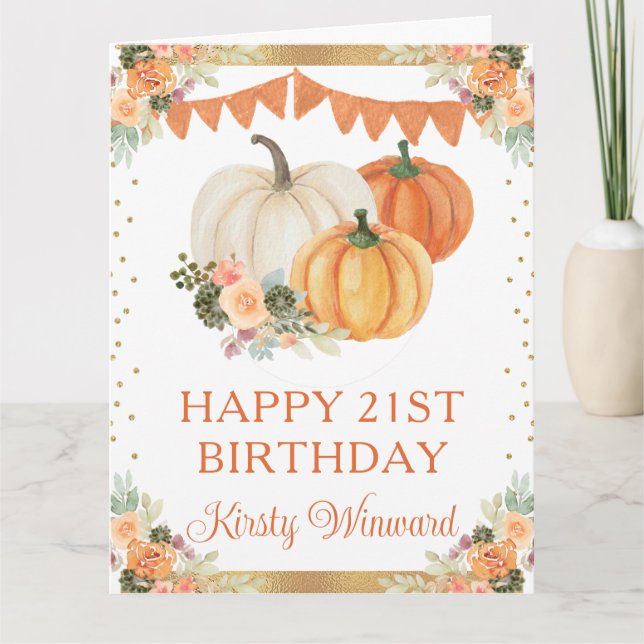 Tarjeta Acuarela Naranja Calabazas Florales Cumpleaños (Anverso)