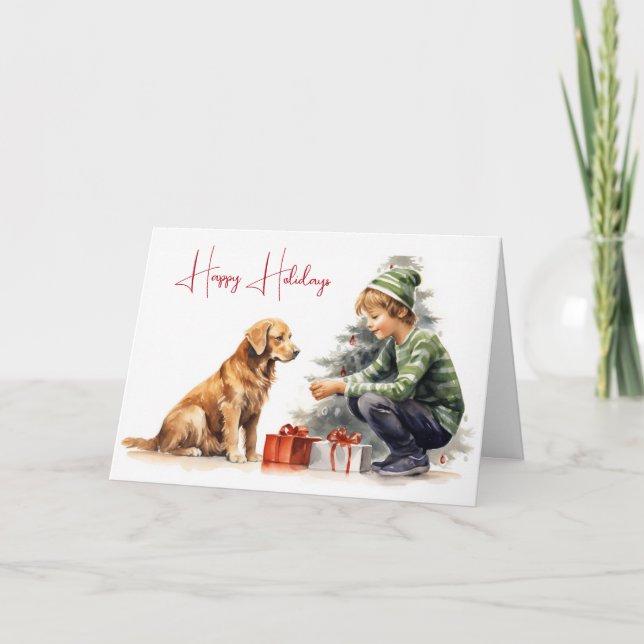 Tarjeta Acuarela Navidades Golden Retriever con Boy (Anverso)