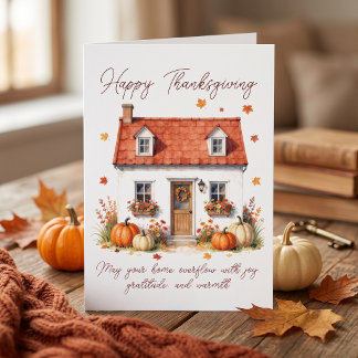 Tarjeta Acuarela Otoño Acogedor Casa Calabazas Día de Acci