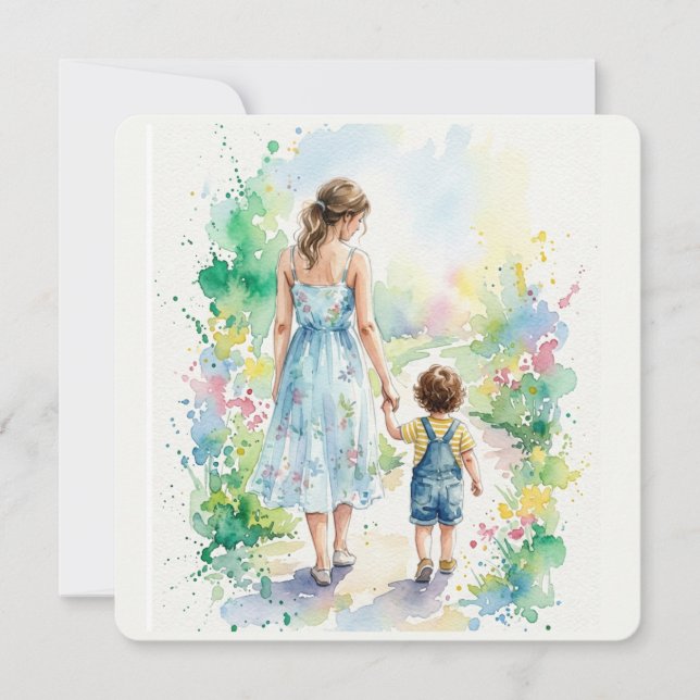 Tarjeta Acuarela personalizada de madre e hijo (Anverso)