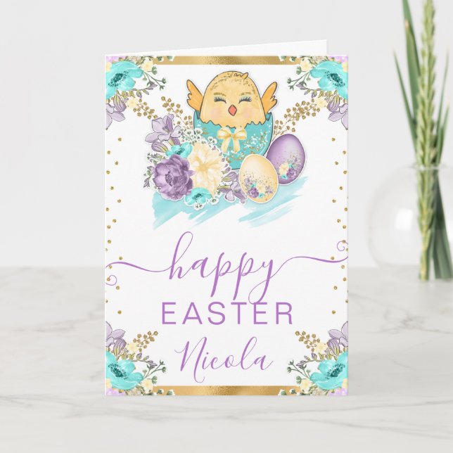 Tarjeta Acuarela Pollito y Flores Felices Pascuas (Anverso)