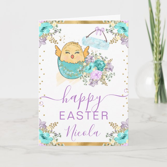 Tarjeta Acuarela Pollito y Flores Feliz Pascua (Anverso)