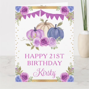 Tarjeta Acuarela Púrpura Azul Floral Calabazas Cumpleaños