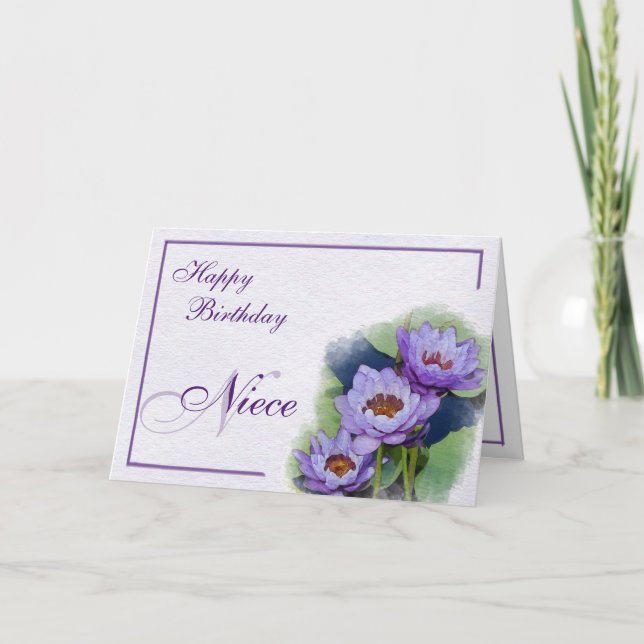 Tarjeta Acuarela Púrpura Pond Lilies Niece Cumpleaños (Anverso)