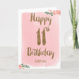 Tarjeta Acuarela Purpurina Rosa y Oro 11 cumpleaños