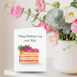 Tarjeta Acuarela Raspberry Cake Birthday Wife<br><div class="desc">Esta deliciosa carta de saludo cuenta con un ilustracion acuático pintado a mano de una deliciosa tarta de frambuesa, adornada con hojas frescas de menta y una vibrante variedad de arándanos y frambuesas sobre una rica capa de frambuesa helada. La meticulosa atención a los detalles en las obras de arte...</div>