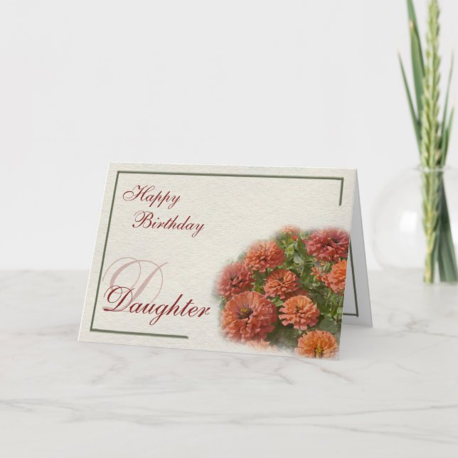 Tarjeta Acuarela Red & Naranja Zinnias Hija Cumpleaños (Anverso)