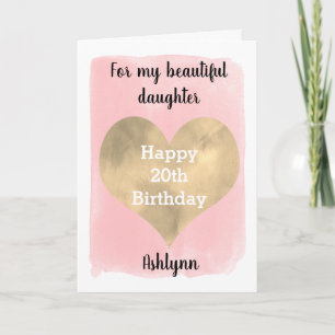 Tarjeta Acuarela Rosa y Oro Corazón 20 cumpleaños