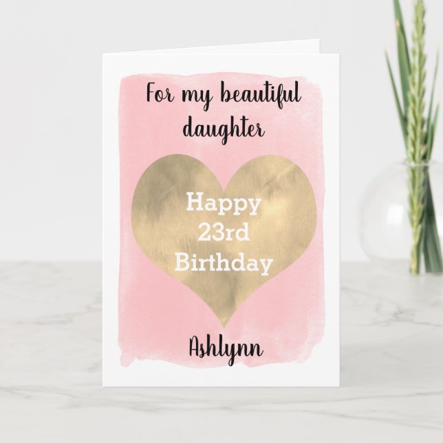 Tarjeta Acuarela Rosa y Oro Corazón 23 cumpleaños (Anverso)