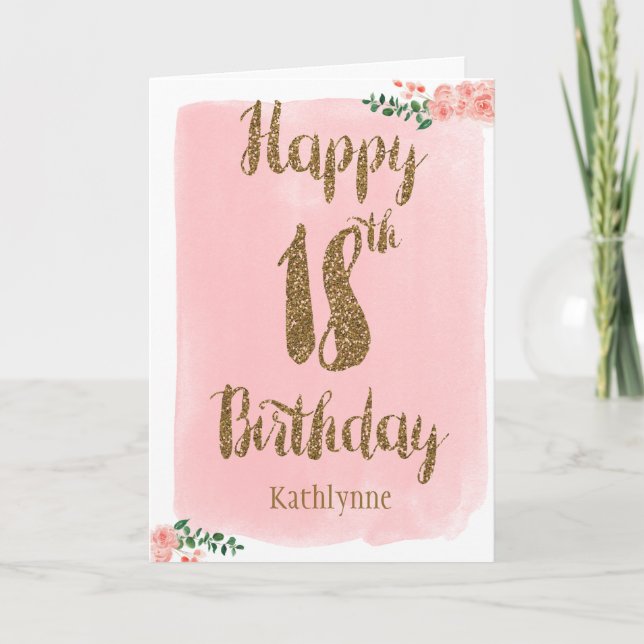 Tarjeta acuarela rosa y Purpurina de oro 18 cumpleaños (Anverso)