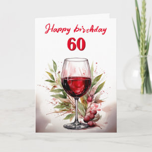 Tarjeta Acuarela Rustica Vino Rojo Vidrio 60 cumpleaños