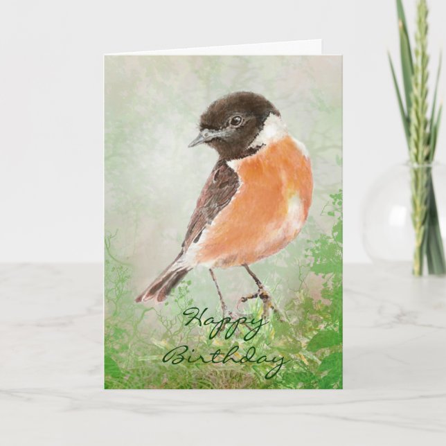 Tarjeta Acuarela Stonechat Feliz cumpleaños, pájaro (Anverso)