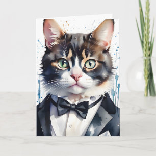 Tarjeta Acuarela Tabby Cat en esmoquin y corbata negra
