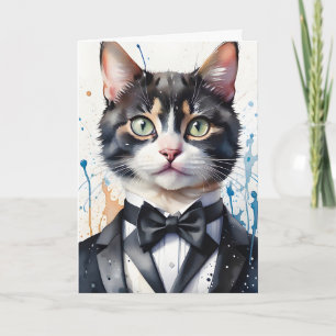 Tarjeta Acuarela Tabby Cat en Tuxedo Vest Black Bow