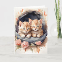Acuarela Tabby Gatitos Hermanos Flores Blank