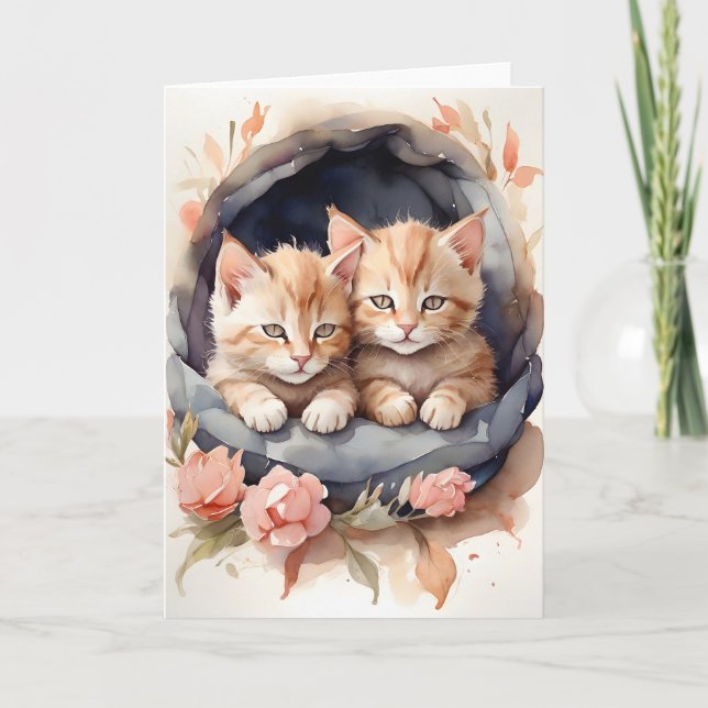 Tarjeta Acuarela Tabby Gatitos Hermanos Flores Blank (Anverso)