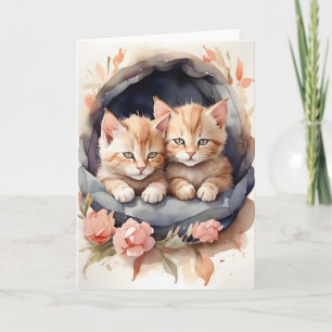 Tarjeta Acuarela Tabby Gatitos Hermanos Flores Blank
