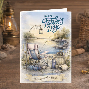 Tarjeta Acuarela Tema de Pesca Azul Marrón Día del Padre