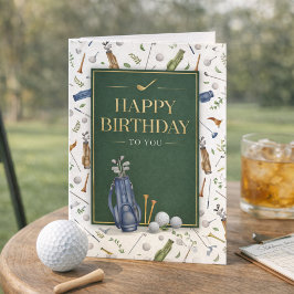 Tarjeta Acuarela Verde Azul Tema de Golf Feliz Cumpleaños