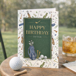 Tarjeta Acuarela Verde Azul Tema de Golf Feliz Cumpleaños