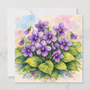 Tarjeta Acuarela Violetas Púrpuras en Flor