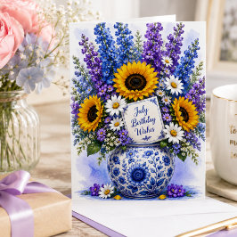 Tarjeta Acuarelas de Girasoles y Floral Azul Cumpleaños de