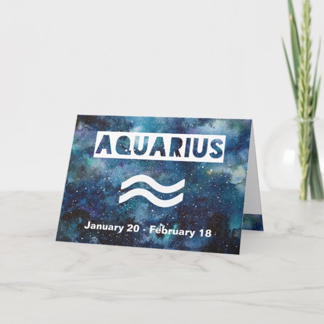 Tarjeta Acuario Astrología Azul Acuarela Galaxia Cumpleaño (Anverso)