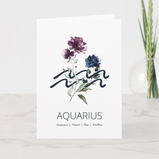 Tarjeta Acuario floral moderno Rótulo zodiaco cumpleaños (Anverso)