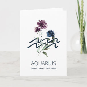 Tarjeta Acuario floral moderno Rótulo zodiaco cumpleaños