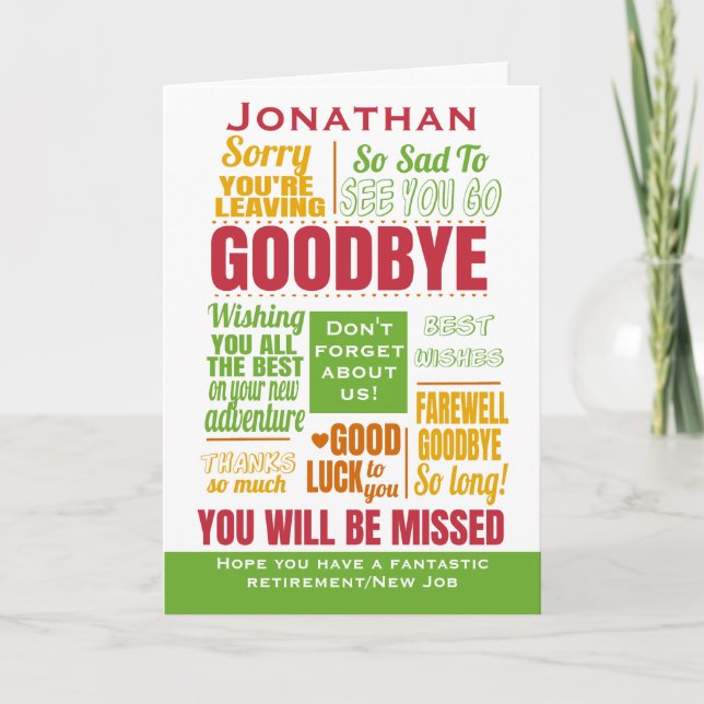 Tarjeta Adiós, adiós tipografía de retiro (Anverso)