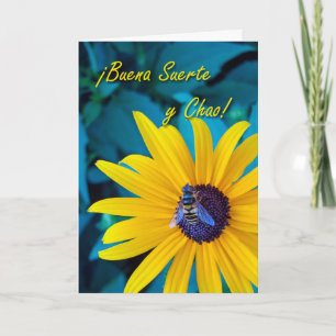 Tarjeta Adiós, buena suerte en español con abeja en flor