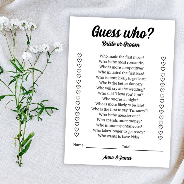 Tarjeta Adivina quién es la novia o el Boda de Groom (Guess Who Bride Or Groom Wedding Game Card)