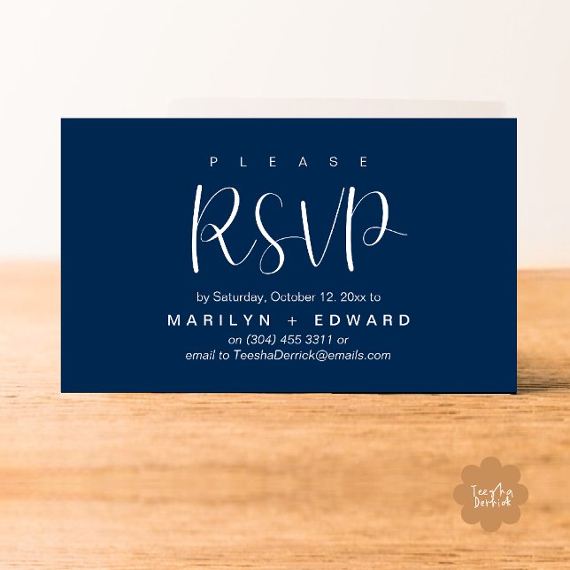 Tarjeta adjunta de recordatorio RSVP de invitación (Wedding invitation RSVP via Phone or email respond reminder Enclosure Card in aesthetic Navy Blue)