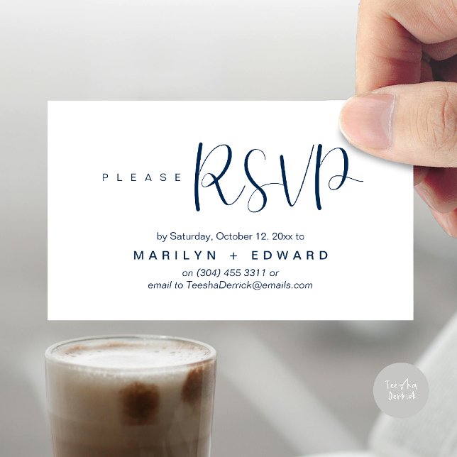 Tarjeta adjunta de recordatorio RSVP de invitación (Wedding invitation RSVP via Phone or email respond reminder Enclosure Card in aesthetic Navy Blue)