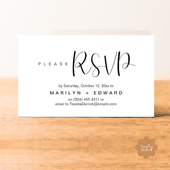 Tarjeta adjunta de recordatorio RSVP de invitación (Wedding invitation RSVP via Phone or email respond reminder Enclosure Card in aesthetic White Black)