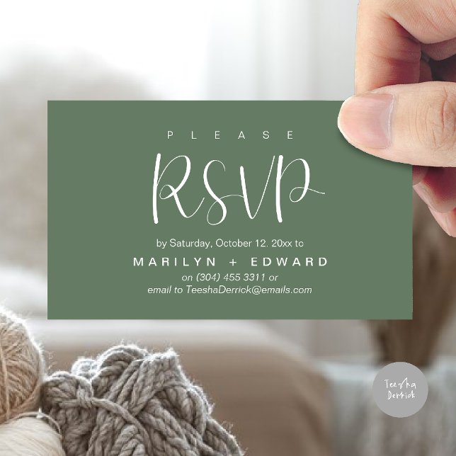 Tarjeta adjunta de recordatorio RSVP de invitación (Wedding invitation RSVP via Phone or email respond reminder Enclosure Card in aesthetic Sage Green)