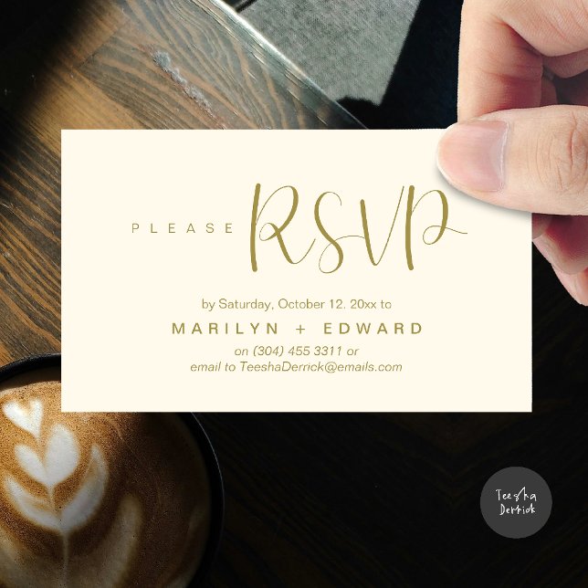 Tarjeta adjunta de recordatorio RSVP de invitación (Wedding invitation RSVP via Phone or email respond reminder Enclosure Card in aesthetic yellow gold)