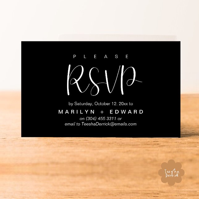 Tarjeta adjunta de recordatorio RSVP de invitación (Wedding invitation RSVP via Phone or email respond reminder Enclosure Card in aesthetic Black White)